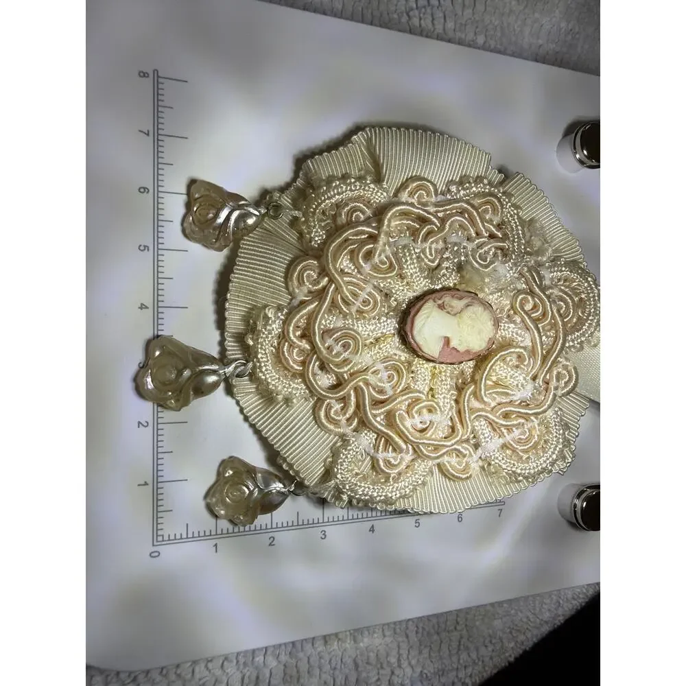 Vintage Cameo Lace Ribbon Brooch Victorian Style Dangle Faux Pearl Pin Ivory